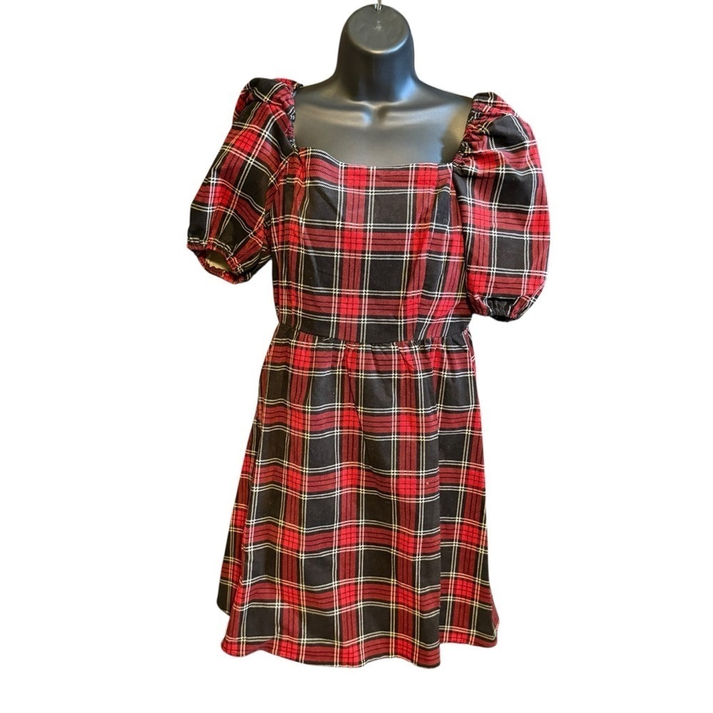 NEW Copper Key Plaid Dress Puff Sleeve Square Neck Milkmaid Smock Back Red Sz M